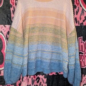 Time and Tru Pink and Yellow Crew Neck Sweater with Cozy Knit